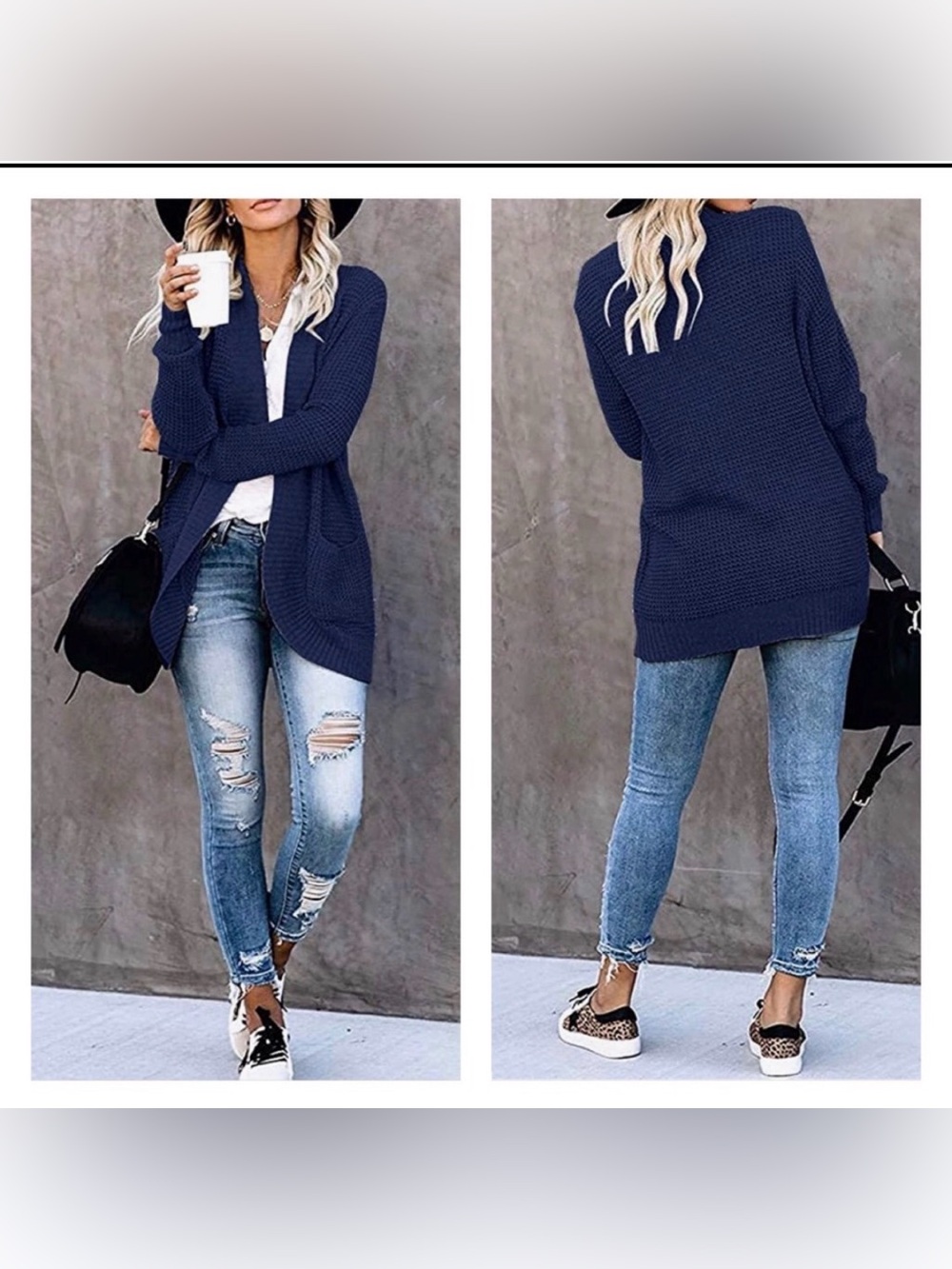 Merokeety Open-Front Navy Knit Cardigan Sweater for Women